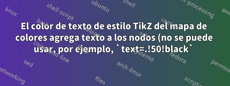 El color de texto de estilo TikZ del mapa de colores agrega texto a los nodos (no se puede usar, por ejemplo, `text=.!50!black`)