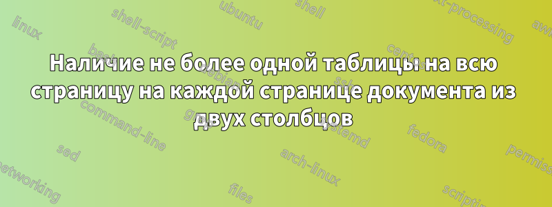 Наличие не более одной таблицы на всю страницу на каждой странице документа из двух столбцов