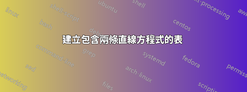 建立包含兩條直線方程式的表