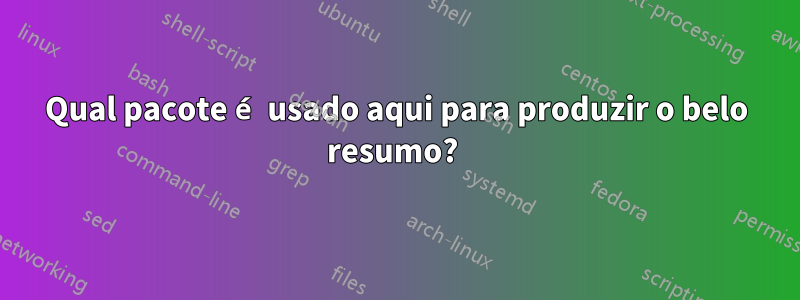 Qual pacote é usado aqui para produzir o belo resumo? 