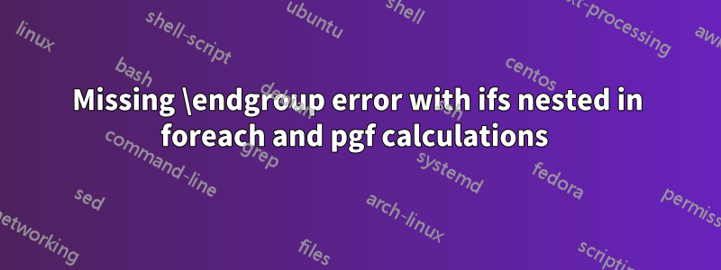 Missing \endgroup error with ifs nested in foreach and pgf calculations 