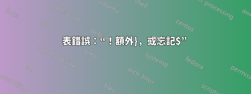 表錯誤：“！額外}，或忘記$”