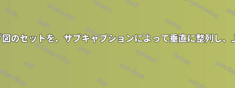 異なるサイズと形状のサブ図のセットを、サブキャプションによって垂直に整列し、上から下に並べて配置する