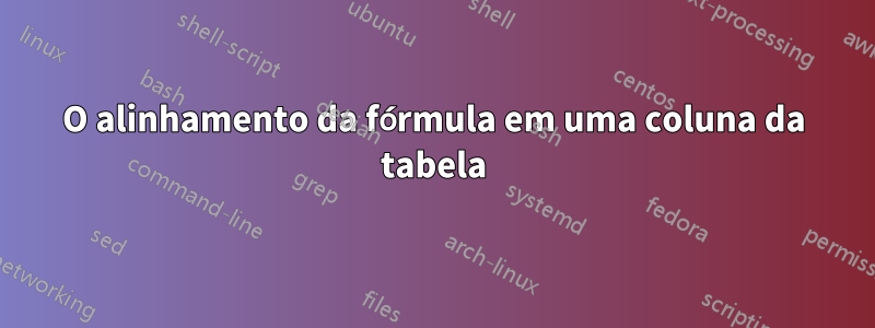 O alinhamento da fórmula em uma coluna da tabela