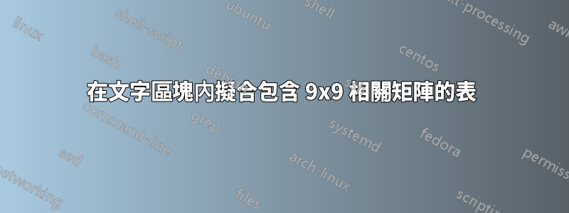 在文字區塊內擬合包含 9x9 相關矩陣的表