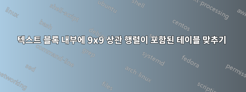 텍스트 블록 내부에 9x9 상관 행렬이 포함된 테이블 맞추기