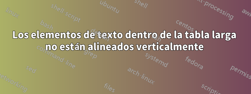 Los elementos de texto dentro de la tabla larga no están alineados verticalmente