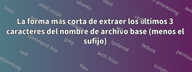 La forma más corta de extraer los últimos 3 caracteres del nombre de archivo base (menos el sufijo)