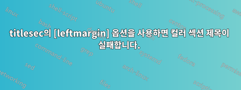 titlesec의 [leftmargin] 옵션을 사용하면 컬러 섹션 제목이 실패합니다.
