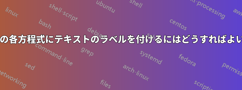 一連の方程式の各方程式にテキストのラベルを付けるにはどうすればよいでしょうか?