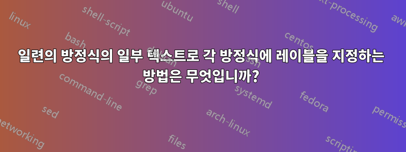 일련의 방정식의 일부 텍스트로 각 방정식에 레이블을 지정하는 방법은 무엇입니까?