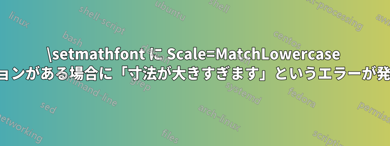 \setmathfont に Scale=MatchLowercase オプションがある場合に「寸法が大きすぎます」というエラーが発生する