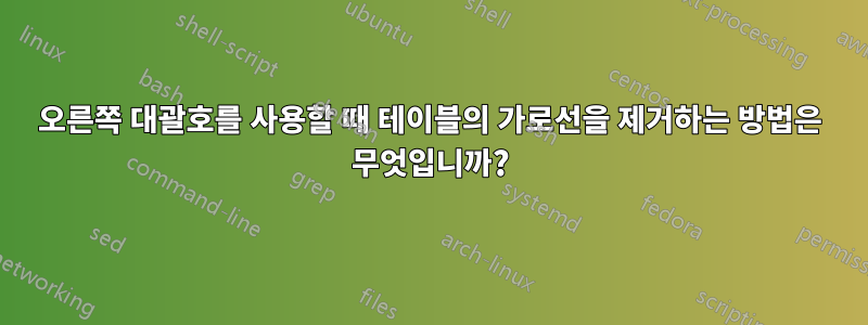 오른쪽 대괄호를 사용할 때 테이블의 가로선을 제거하는 방법은 무엇입니까?