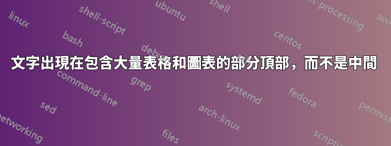 文字出現在包含大量表格和圖表的部分頂部，而不是中間