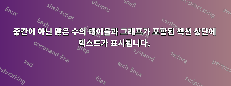 중간이 아닌 많은 수의 테이블과 그래프가 포함된 섹션 상단에 텍스트가 표시됩니다.