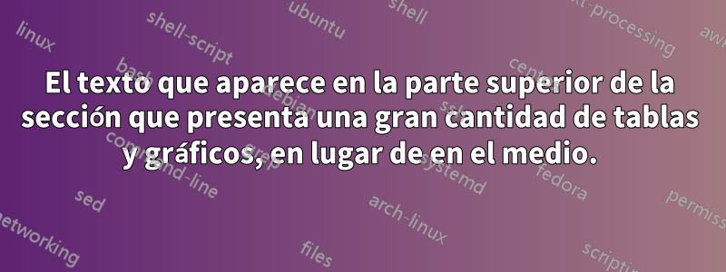 El texto que aparece en la parte superior de la sección que presenta una gran cantidad de tablas y gráficos, en lugar de en el medio.