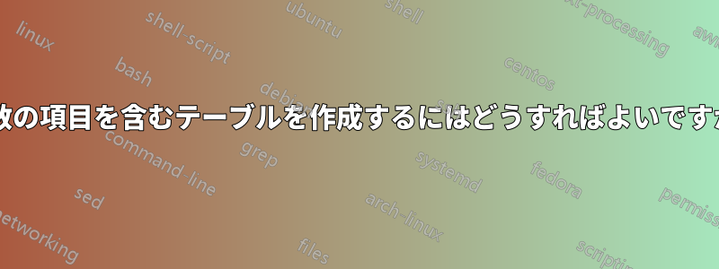 複数の項目を含むテーブルを作成するにはどうすればよいですか?