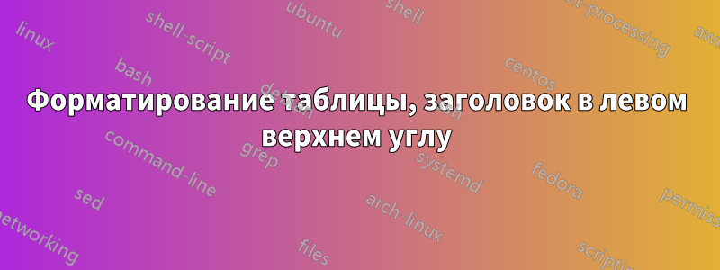 Форматирование таблицы, заголовок в левом верхнем углу