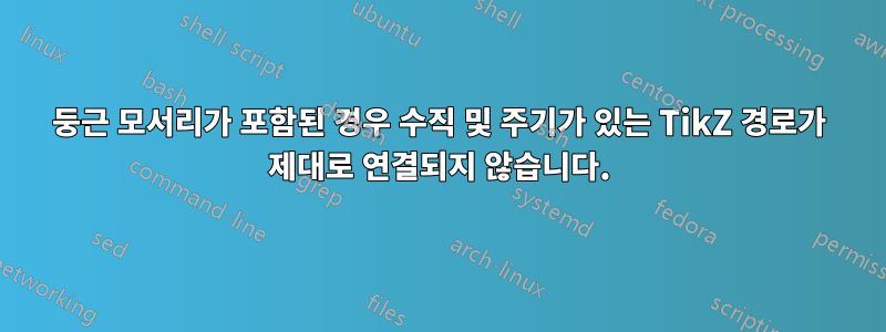 둥근 모서리가 포함된 경우 수직 및 주기가 있는 TikZ 경로가 제대로 연결되지 않습니다.