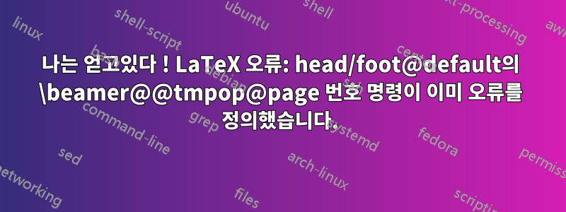 나는 얻고있다 ! LaTeX 오류: head/foot@default의 \beamer@@tmpop@page 번호 명령이 이미 오류를 정의했습니다.