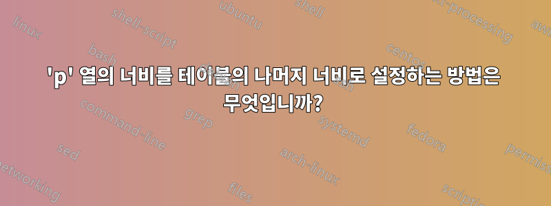 'p' 열의 너비를 테이블의 나머지 너비로 설정하는 방법은 무엇입니까?