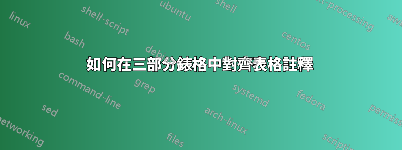 如何在三部分錶格中對齊表格註釋