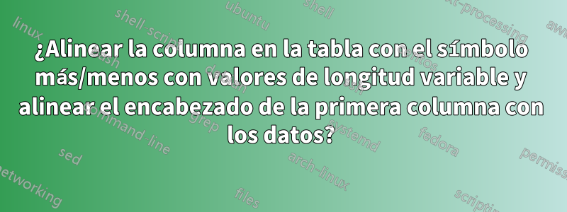 ¿Alinear la columna en la tabla con el símbolo más/menos con valores de longitud variable y alinear el encabezado de la primera columna con los datos?