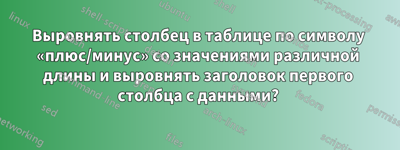 Выровнять столбец в таблице по символу «плюс/минус» со значениями различной длины и выровнять заголовок первого столбца с данными?