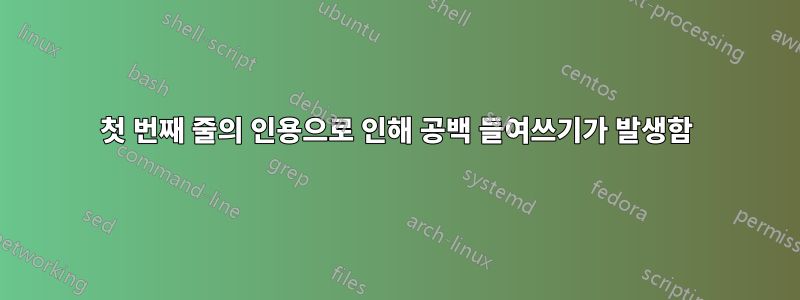 첫 번째 줄의 인용으로 인해 공백 들여쓰기가 발생함