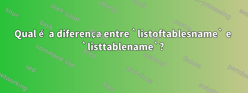 Qual é a diferença entre `listoftablesname` e `listtablename`?