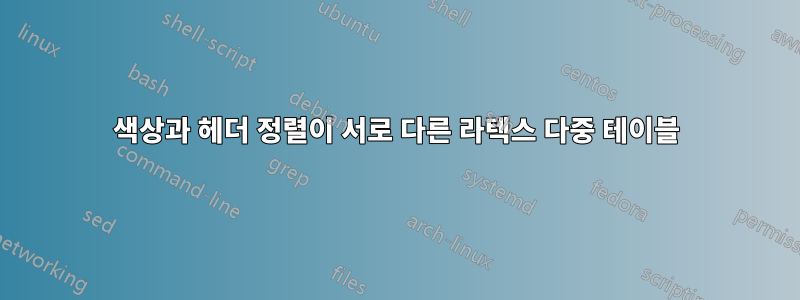 색상과 헤더 정렬이 서로 다른 라텍스 다중 테이블