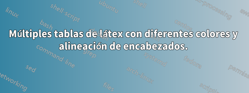 Múltiples tablas de látex con diferentes colores y alineación de encabezados.