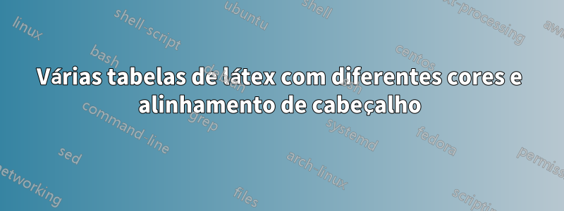 Várias tabelas de látex com diferentes cores e alinhamento de cabeçalho