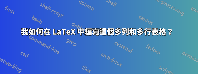 我如何在 LaTeX 中編寫這個多列和多行表格？ 