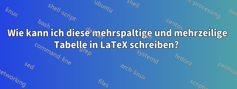 Wie kann ich diese mehrspaltige und mehrzeilige Tabelle in LaTeX schreiben? 