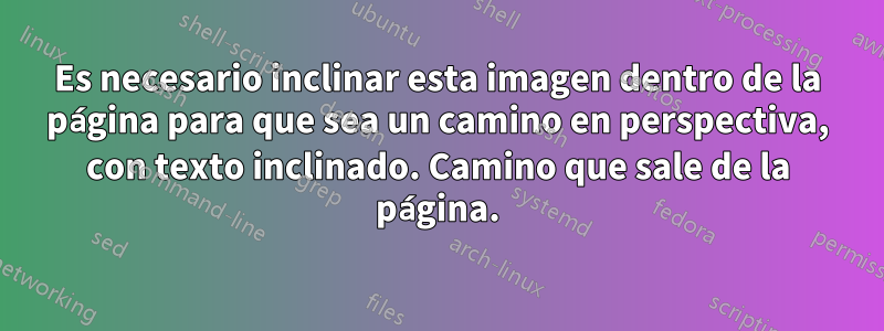 Es necesario inclinar esta imagen dentro de la página para que sea un camino en perspectiva, con texto inclinado. Camino que sale de la página.