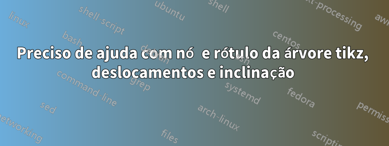 Preciso de ajuda com nó e rótulo da árvore tikz, deslocamentos e inclinação