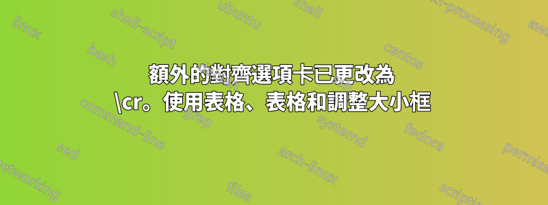 額外的對齊選項卡已更改為 \cr。使用表格、表格和調整大小框