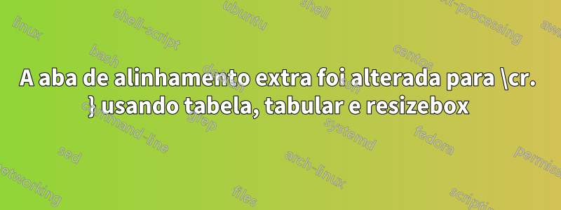 A aba de alinhamento extra foi alterada para \cr. } usando tabela, tabular e resizebox