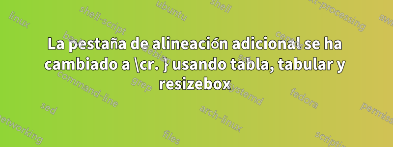 La pestaña de alineación adicional se ha cambiado a \cr. } usando tabla, tabular y resizebox