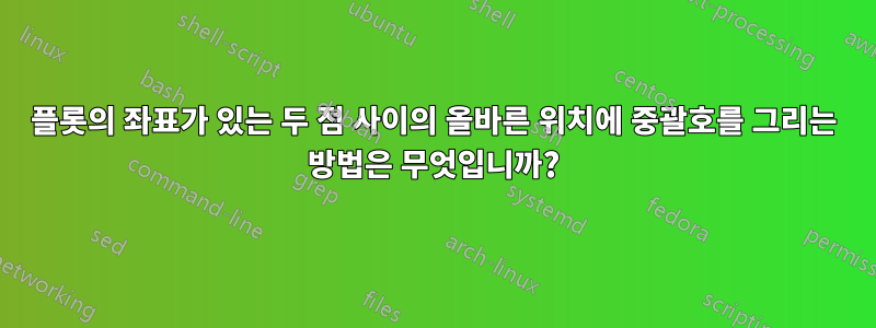 플롯의 좌표가 있는 두 점 사이의 올바른 위치에 중괄호를 그리는 방법은 무엇입니까?