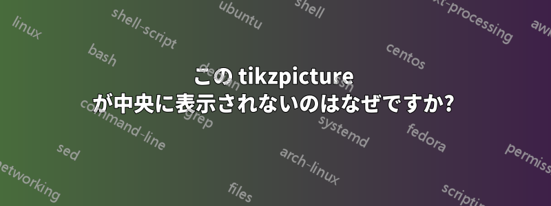 この tikzpicture が中央に表示されないのはなぜですか?