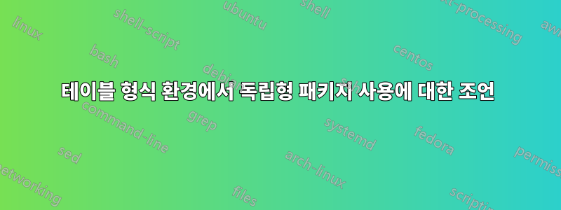테이블 형식 환경에서 독립형 패키지 사용에 대한 조언
