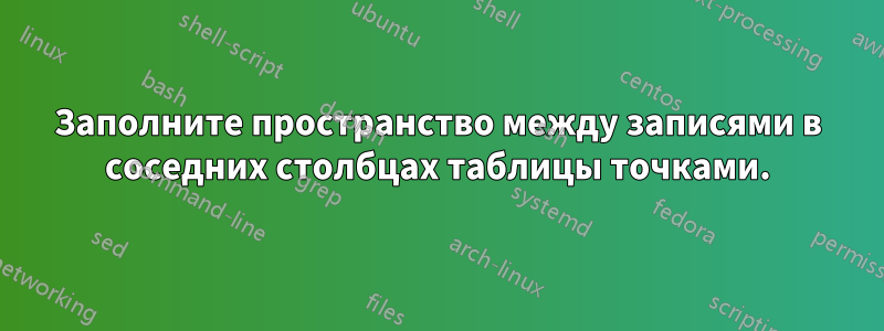 Заполните пространство между записями в соседних столбцах таблицы точками.