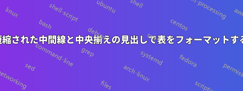 短縮された中間線と中央揃えの見出しで表をフォーマットする