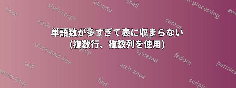 単語数が多すぎて表に収まらない (複数行、複数列を使用)