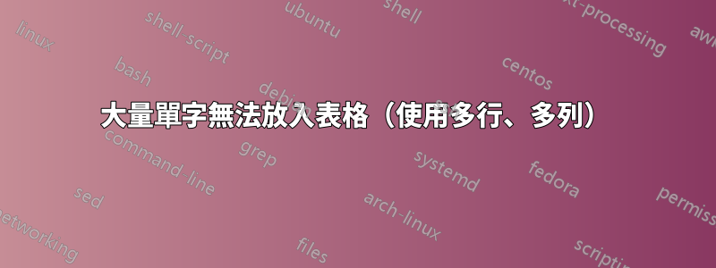 大量單字無法放入表格（使用多行、多列）