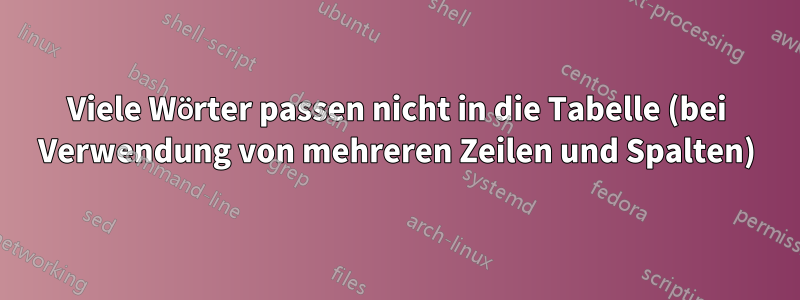 Viele Wörter passen nicht in die Tabelle (bei Verwendung von mehreren Zeilen und Spalten)