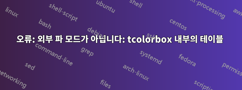 오류: 외부 파 모드가 아닙니다: tcolorbox 내부의 테이블