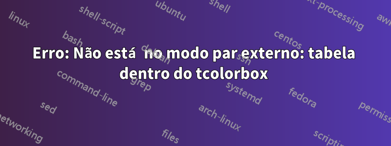 Erro: Não está no modo par externo: tabela dentro do tcolorbox